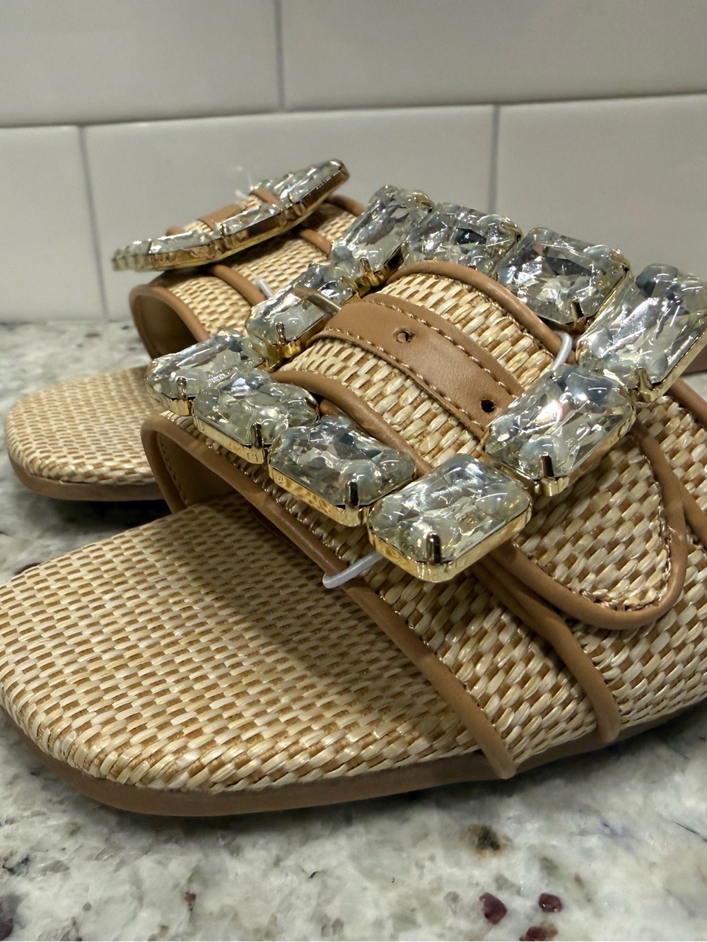 a new day Kelsey Tan Straw Look Slide Sandals with Crystal Buckles Size 7 - NIB - Picture 7 of 13